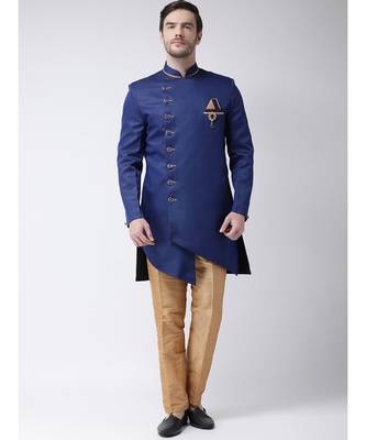 Blue Viscose plain stitched  Sherwani  Pant 1
