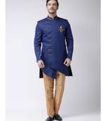 Blue Viscose plain stitched  Sherwani  Pant