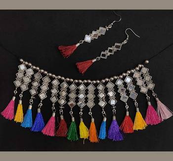 Afghani Style Silver Oxidised Mirror Choker Necklace Set With Tribal Colourful Cotton Thread For Women 1