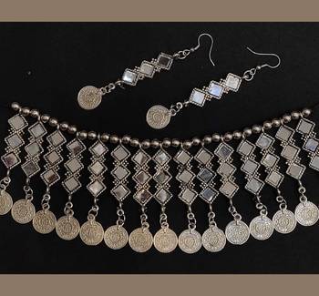 Oxidized Silver Brass and Choker Mirror Work Necklace With Earrings Set for Women & Girls 1