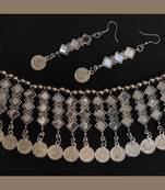 Oxidized Silver Brass and Choker Mirror Work Necklace With Earrings Set for Women & Girls