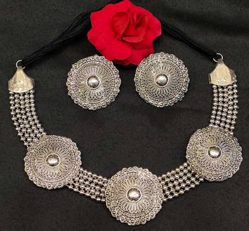 Oxidised German Silver Looklike Stone Choker Necklace with Stud Jewellery for Girls & Women 1