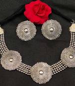 Oxidised German Silver Looklike Stone Choker Necklace with Stud Jewellery for Girls & Women