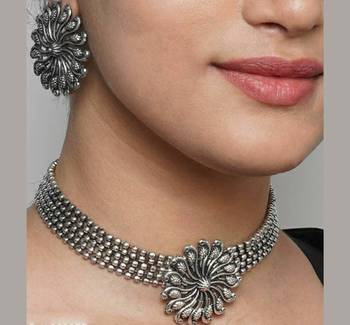 Oxidized German Silver Choker Necklace with Earrings for Women and Girls 1