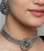 Oxidized German Silver Choker Necklace with Earrings for Women and Girls