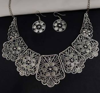 Afghani Oxidised Silver Jewellery Stylish Choker Necklace Set for Women & Girls 1