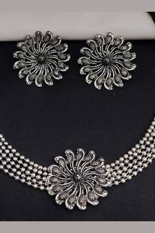 Oxidized German Silver Choker Necklace with Earrings for Women and Girls