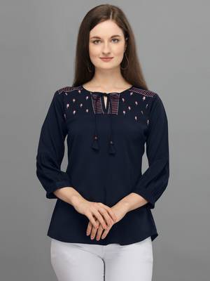 Blue embroidered polyester crop-tops 1