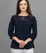 Blue embroidered polyester crop-tops