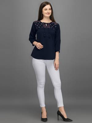 Blue embroidered polyester crop-tops 5