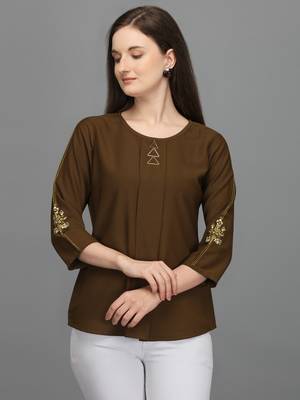Brown embroidered polyester crop-tops 1