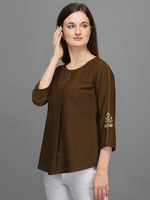 Brown embroidered polyester crop-tops 2