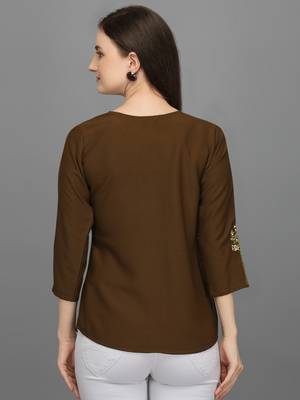 Brown embroidered polyester crop-tops 4