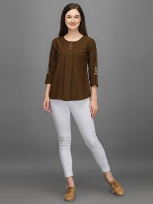 Brown embroidered polyester crop-tops 5
