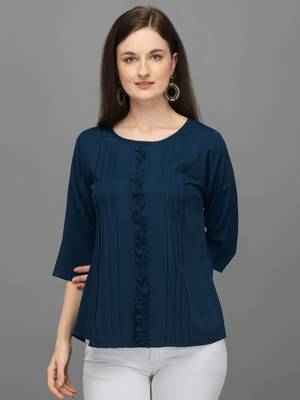 Blue embroidered polyester crop-tops 1