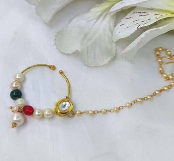 Gold Plated  Nose Ring With Stone ,Kundan  & Pearls Linked With Chain Indian Bollywood Style Bridal Nath For Women 1