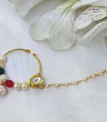 Gold Plated  Nose Ring With Stone ,Kundan  & Pearls Linked With Chain Indian Bollywood Style Bridal Nath For Women