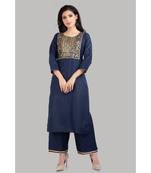 Blue Cotton Plain Stitched   kurti  with   pant