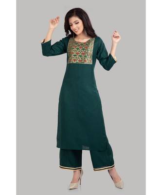 Green Cotton Plain Stitched   kurti  with   pant 1