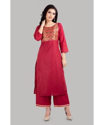 Red Cotton Plain Stitched   kurti  with   pant 1