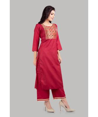Red Cotton Plain Stitched   kurti  with   pant 4