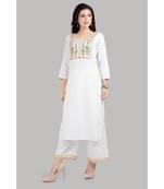 White Cotton Plain Stitched   kurti  with   pant