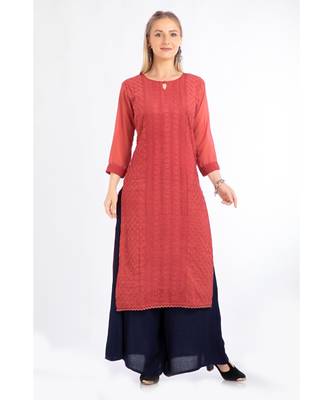 red Georgette Embroidered Stitched   Kurti 1