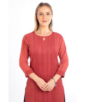 red Georgette Embroidered Stitched   Kurti 5