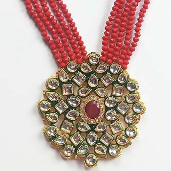 Gold Plated AD Kundan Pendant Red Layered Necklace  Set and matching Earrings for Women and Girls. 2