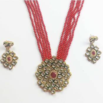 Gold Plated AD Kundan Pendant Red Layered Necklace  Set and matching Earrings for Women and Girls. 3
