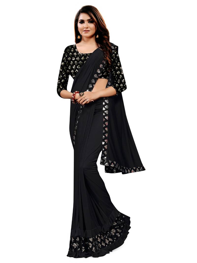 Black plain lycra saree with blouse