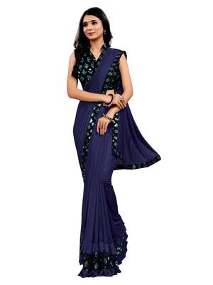 Navy blue plain lycra saree with blouse 1