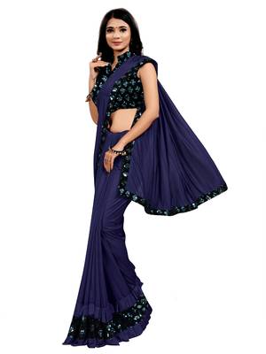 Navy blue plain lycra saree with blouse 2