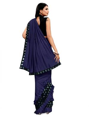 Navy blue plain lycra saree with blouse 3