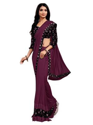 Purple plain lycra saree with blouse 1