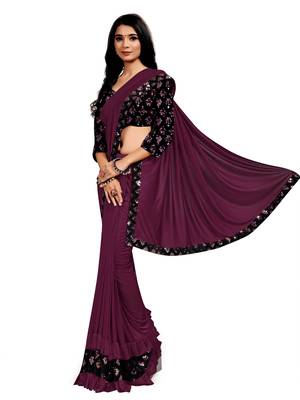 Purple plain lycra saree with blouse 2