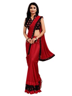 Red plain lycra saree with blouse 1