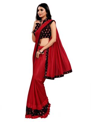 Red plain lycra saree with blouse 2
