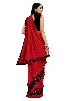 Red plain lycra saree with blouse 3
