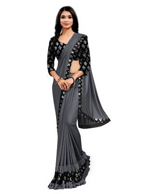 Grey plain lycra saree with blouse 1