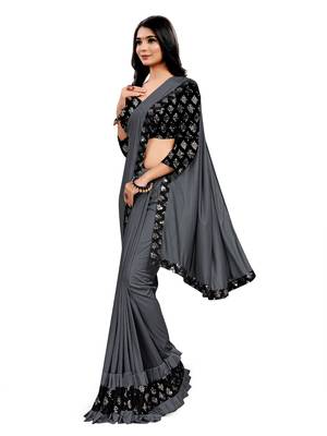 Grey plain lycra saree with blouse 2