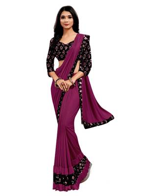 Purple plain lycra saree with blouse 1