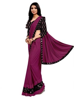 Purple plain lycra saree with blouse 2