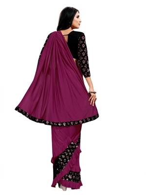 Purple plain lycra saree with blouse 3