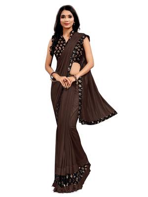 Brown plain lycra saree with blouse 1