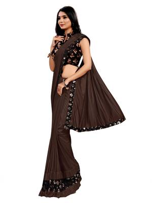 Brown plain lycra saree with blouse 2