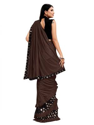Brown plain lycra saree with blouse 3