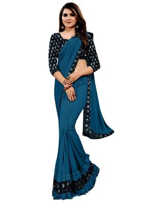 Teal plain lycra saree with blouse 1