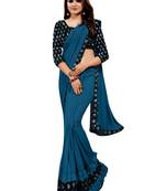 Teal plain lycra saree with blouse