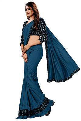 Teal plain lycra saree with blouse 2